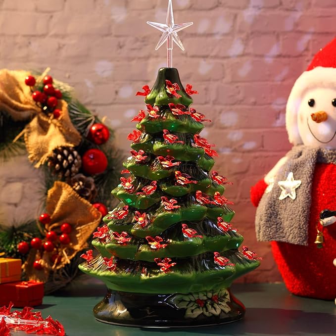 Mudder 100 Pieces Ceramic Christmas Tree Bird Bulbs and 5 Pieces Stars Replacement Plastic Bulbs for Ceramic Christmas Tree Decorations(Red)