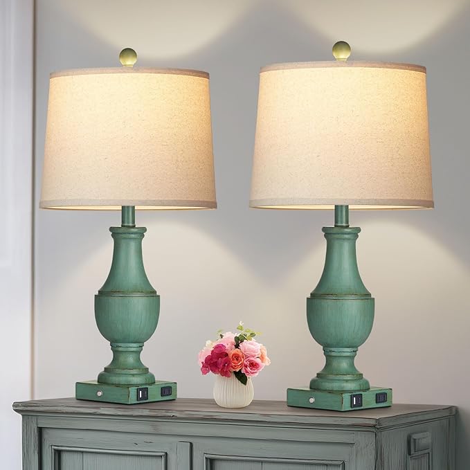 Farmhouse Table Lamp Set of 2, Rustic Touch Control 3-Way Dimmable Lamps with USB A+C Charging Ports & AC Outlet, Vintage Retro Antique Bedside Lamp for Living Room Bedrooms Nightstand Green