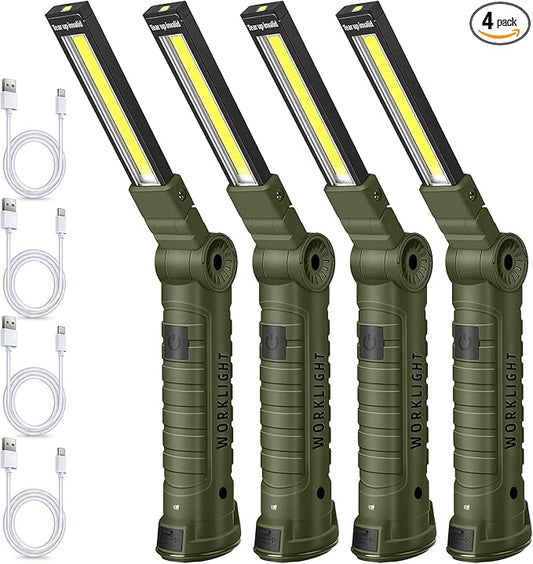LED Work Light Rechargeable Flashlight, Easter Tool Gifts for Men Boyfriends Him Husband Mechanic Torch Grill Light Inspection Lamp Magnetic Base 5 Modes 360° Rotate Car Emergency Repair Green 4PCS