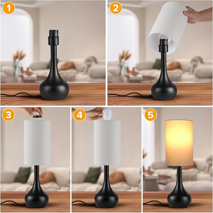 Touch Table Lamp for Nightstand, 3-Way Dimmable, Space Saving & No Assembly Required, Upgraded Small Farmhouse Black Bedside Lamp for Bedroom, Living Room, Office (Bulb Included)