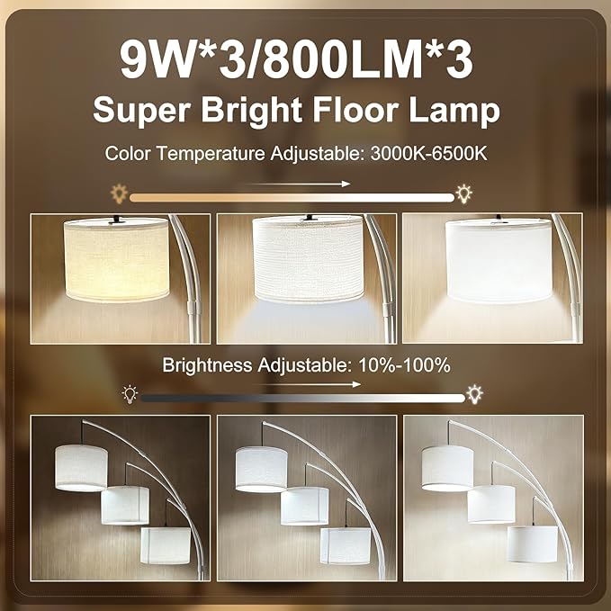 Dimmable Arc Floor Lamp, White Pole Standing Lamp with White Shade and Heavy Base, Remote Control with Stpeless Color Temperatures and Brightness for Bedroom, Office