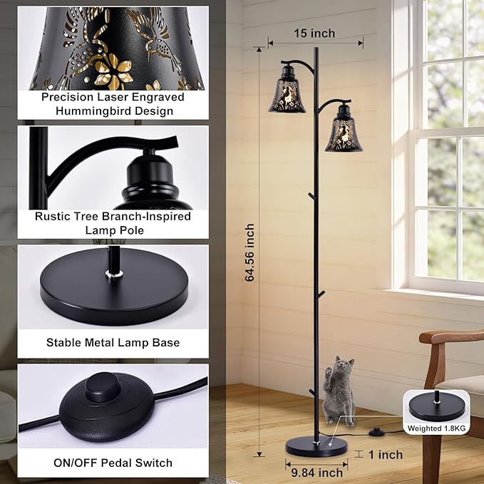 64.56" Tall Goth Farmhouse Floor Lamp,2-Light Tree Black Metal Hummingbird Lampshade Rustic Floor Lamps for Living Room,Western Standing Floor Light for Bedroom,Home,Office,Corner,Bar
