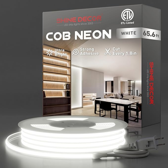 Shine Decor COB LED Rope Light AC 120V, 800lm Ultra Bright, IP65 Waterproof Cold-Resistant ETL Neon Strip, No Driver Tape Lighting for Home Commercial 10x4.5mm, 6000K Cool White, 65.6ft
