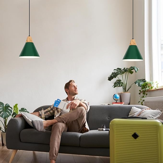 Green Plug in Pendant Light, 2 Pack 9.4inch Hanging Lights with Plug in Cord 14.7 ft, Hanging Pendant Light, Hanging Lamp Plug in for Bedroom Living Room Kitchen Island