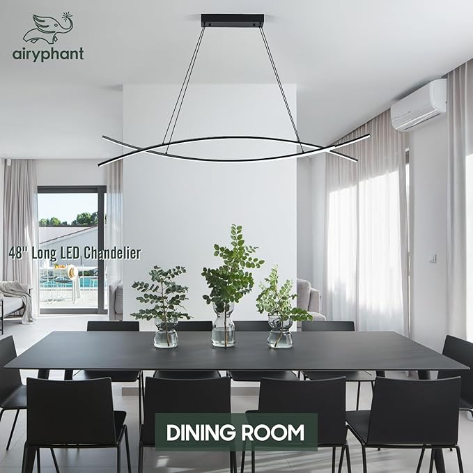 48" Modern LED Chandelier 4-Light Island Light Black Linear Chandelier for Kitchen Island Dining Room 45W Dimmable Modern LED Chandelier with Remote Control