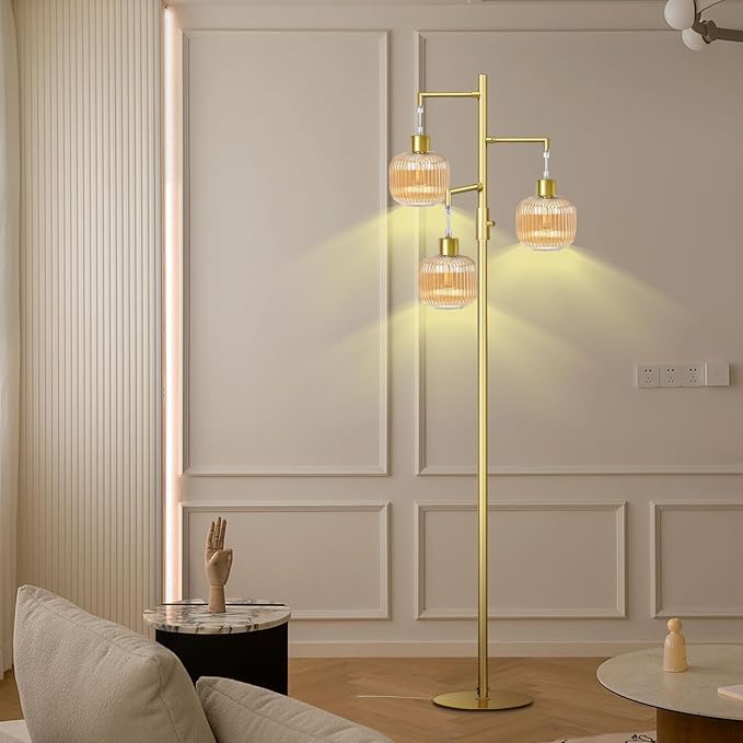 Floor Lamp with Amber Glass Shade, Dimmable Standing Lamp for Living Room, Modern Mid Century 3 Lights Tall Tree Lamp, Rotary Switch, 3 x 6W LED Bulbs Included