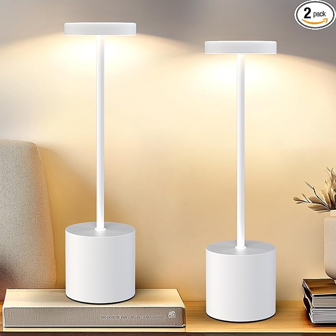 Cordless Table Lamp – 2 Pack Rechargeable Table Lamps, 5000mAh Battery Operated Lamp with 3-Color Dimmable Light, Outdoor Table Lamp for Bedroom, Restaurant, Patio, Home Décor (White)