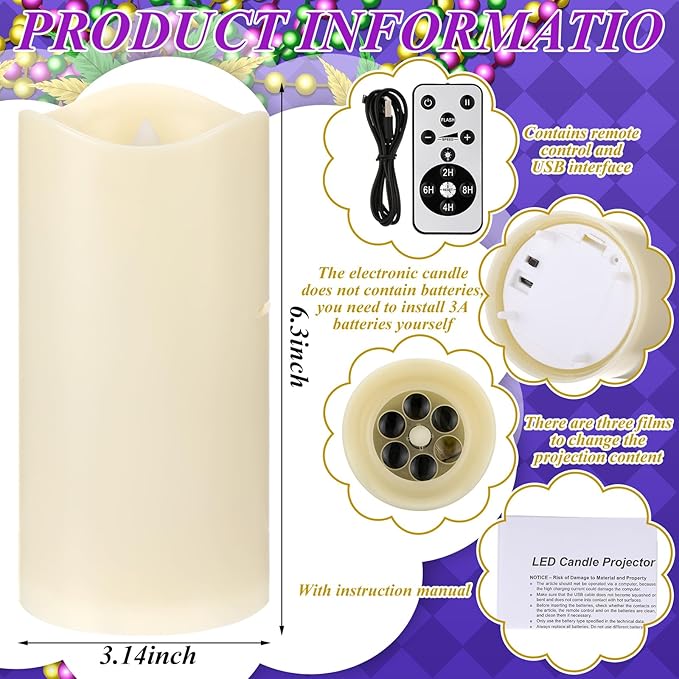 Baquler Mardi Gras Projector Light Decor Mardi Gras Flameless Candles Battery Operated LED Candle Table Decoration for Indoor Window Night Light with Remote Timer Carnival Party Home Prom Room Decor