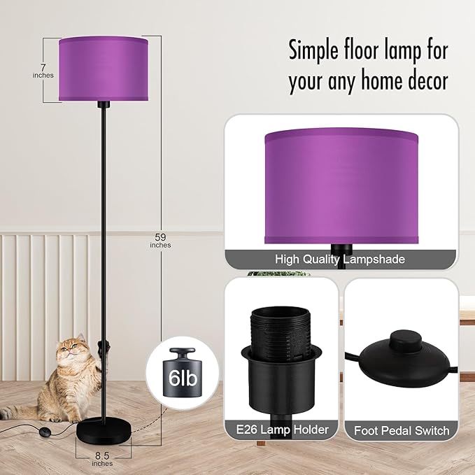 Floor Lamp, Standing Lamp, Modern Stand Up Lamps with Purple Lampshade, 59" Tall, Foot Switch, Simple Living Room Decor for Kids Room, Girls Room, Den, Office - Black(NO Bulb,E26 Base)