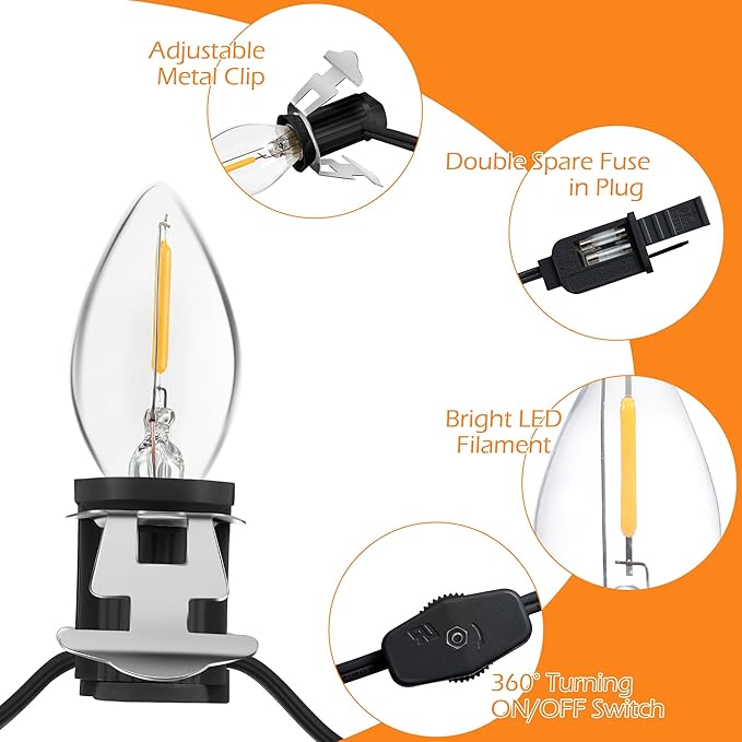 Meonum Accessory Cord with 9 LED Light Bulb, 16.4Ft C7 Christmas Village Lights Cord with Clip, Blow Mold Lights for Christmas String Lights, Village House Holiday Decoration(Black)