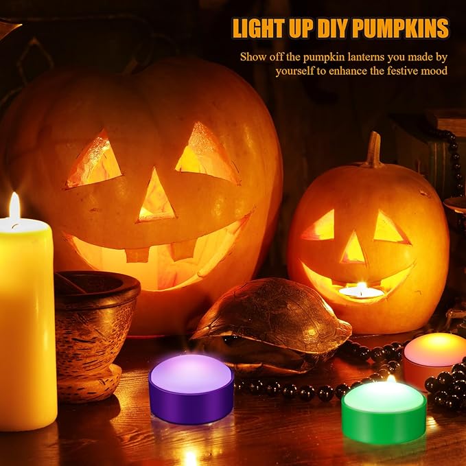 Riakrum 6 Pieces Remote Timer LED Lights with Remote LED Pumpkin Lights Battery Operated Lantern Bright Flameless Candle(Green, Orange, Purple)