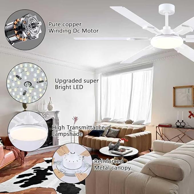 66 Inch White Ceiling Fans with Lights, Modern Large Ceiling Fan with Remote & APP Control, Reversible DC Motor, 6 Double-Sided Blades, 6 Speeds, Silent, Timer, for Living Room Indoor Outdoor