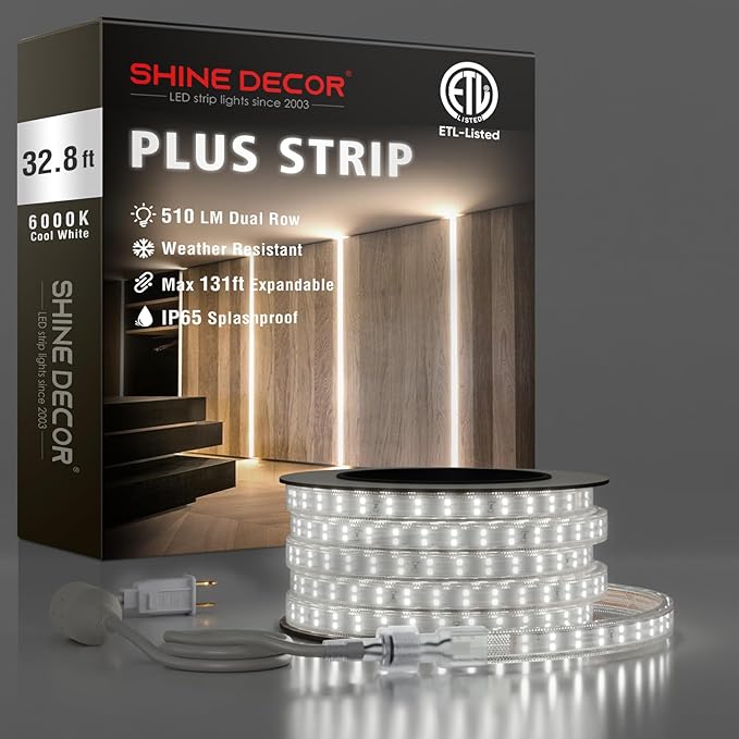 Shine Decor Plus LED Strip Lights AC 120V, Connectable Double Row Bright Rope Light, ETL IP65 Waterproof & Weather-Resistant for Accent Lighting, 7x17mm, 6000K Cool White, 32FT
