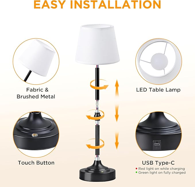 LUTEC Cordless Table Lamp, Battery Operated Lamp with 3 Color Temps and Stepless Dimming, 5200mAh Portable Rechargeable Table Lamp for Restaurant/Bedroom/Bars/Outdoor (Black)
