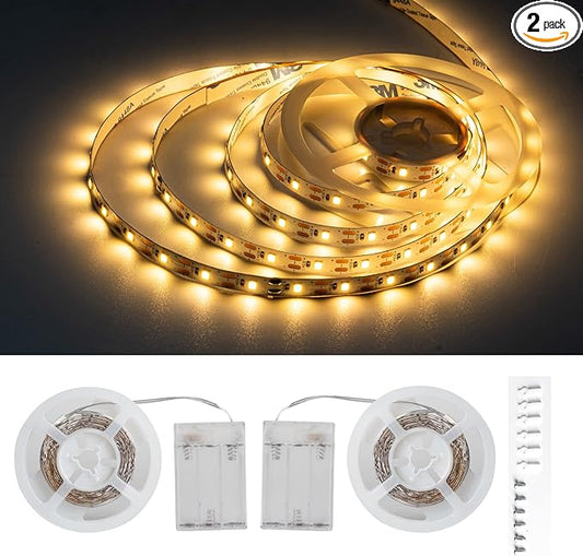 Battery Led Strip Lights, 13.2ft/6.6ft Flexible Led Strip Lights Battery Powered Brighter Battery Powered Led Lights for Makeup Mirror Cabinet Bedroom Bar, Non-Waterproof, 2 Pack
