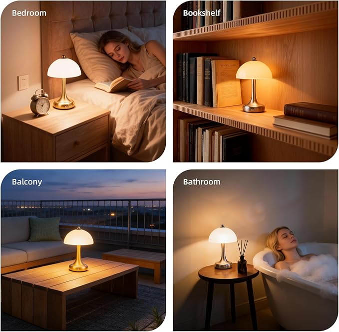 Rechargeable Cordless Table Lamp, Mushroom Touch Lamp with 3-Way Dimmable Control, 3000mAh Battery Powered LED Desk Lamp, Small Bedside Lamp for Bedroom, USB Charging, Home & Office Decor, Gold