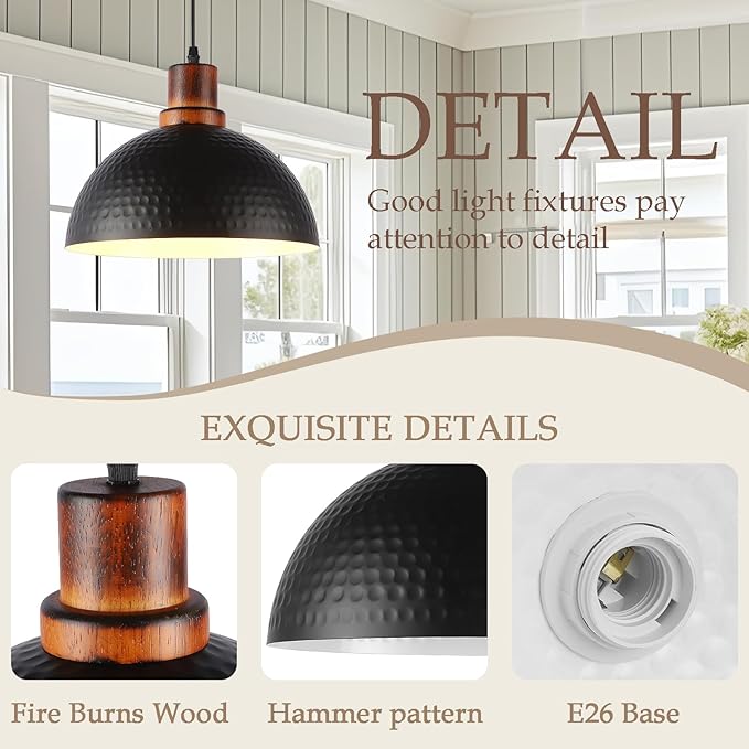 Black and Wood Pendant Lights 2 Pack, 11.8" Hammered Metal Dome Pendant Light Fixture Modern Black Pendant Lighting Hanging Ceiling Light for Kitchen Island Dining Living Room Restaurant