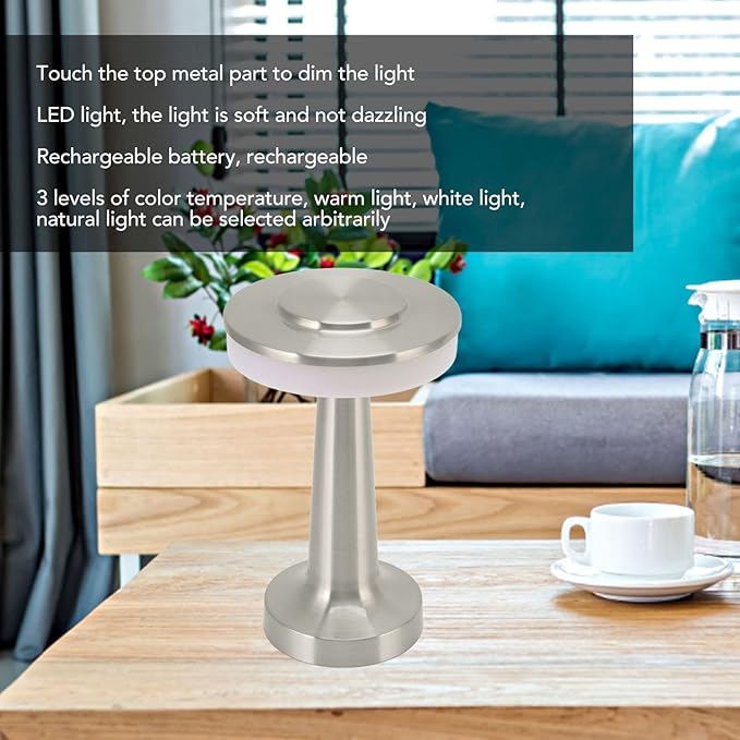 Cordless Table Lamp, Retro Style Touch Control 3 Color Adjustment Metal Paint Appearance LED Table Lamp Electroplating Wire Drawing Process Anti Oxidation Soft Light Portable Night Light(Silver)