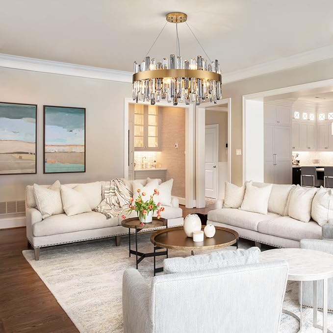 Siljoy Modern Crystal Chandeliers, 12 Lights Brass Gold Raindrop Crystal Chandelier Lighting, Adjustable Hanging Pendant Light Fixture for Dining Room Living Room Kitchen Island D23.6''