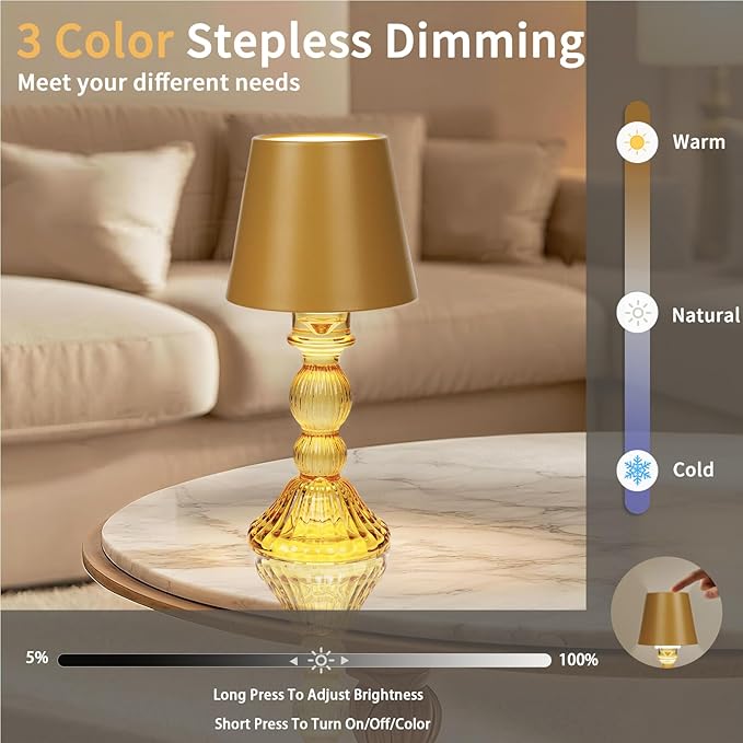 MJ PREMIER Cordless Table Lamp, Small Rechargeable Lamp with Touch Control, 9.5" H, 3 Color Stepless Dimming Battery Operated Lamps for Bedroom/Living Room/Bathroom/Kitchen/Corner/Entryway (Yellow)
