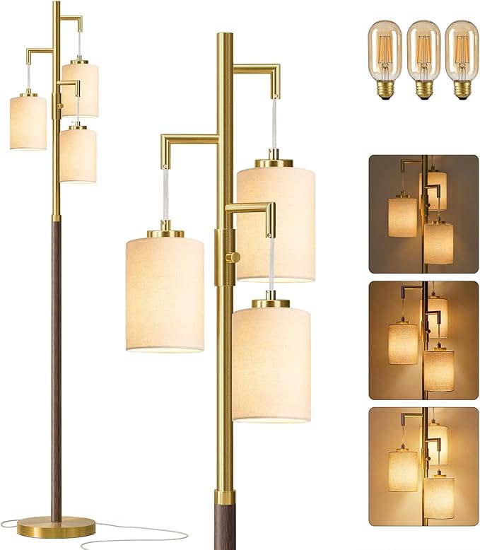70" Dimmable Floor Lamp Wood Floor Lamps for Living Room Bedroom Mid Century Modern Floor Lamp Gold Standing Lamp Tall Lamps for Office Nursery Reading Elegant Stand Up Lamp, 3 Bulbs Included