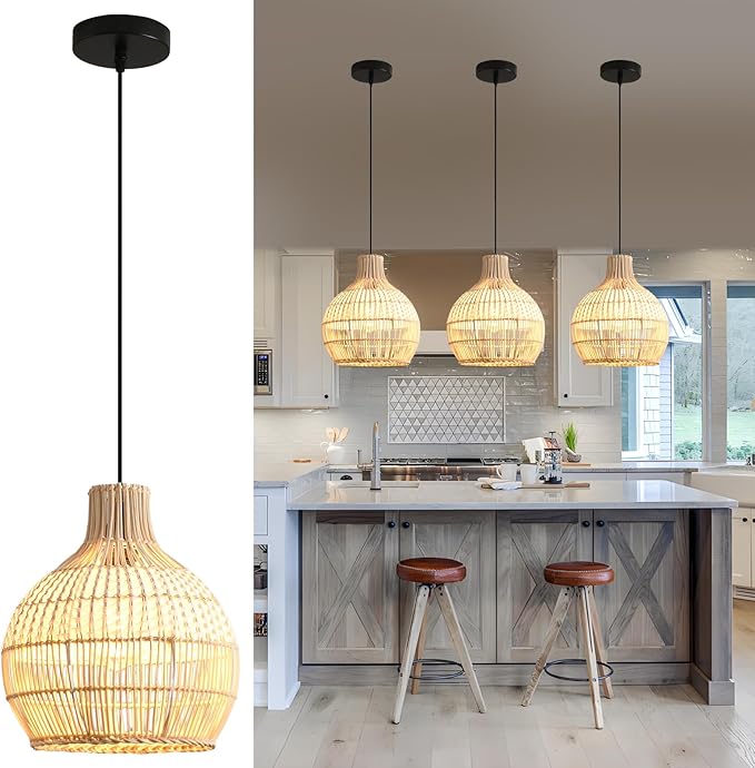 3 Pack Rattan Pendant Light Fixture Mini Hand-Woven White Rattan Chandelie,11Inch Boho Wicker Hanging Lamp for Dining Living Bedroom Kitchen Farmhouse