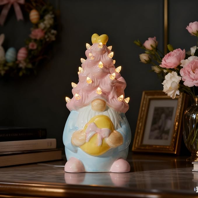 WDS WONDROUS Easter Decorations Lighted Gnome Figurine, Ceramic Battery Operated LED Easter Decor with Pink Hair Holding Egg, Spring Home Decor, Table Centerpiece, Indoor Gnome Decorations