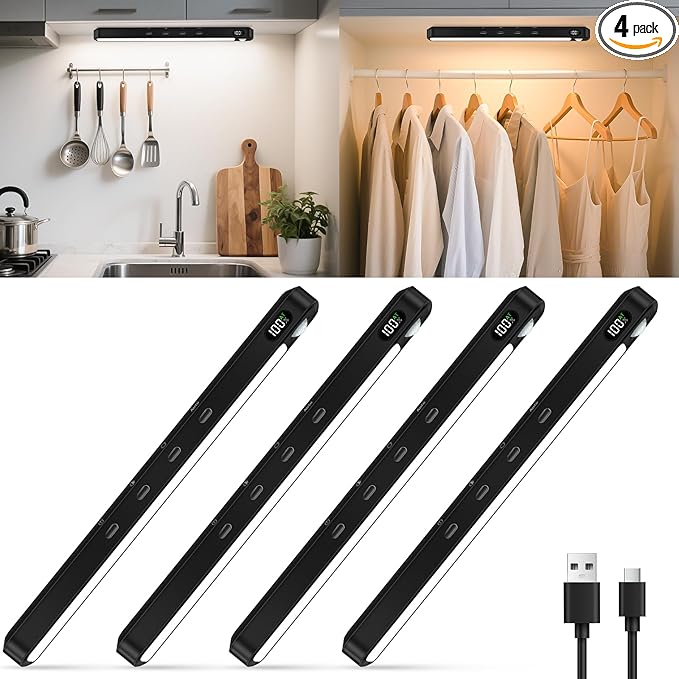 WILLED Under Cabinet & Closet Lights, Motion Sensor, Rechargeable, Magnetic, 3 Color Temps, Dimmable LED Light Bar for Indoor Kitchen Counter (4 Pack, Black)