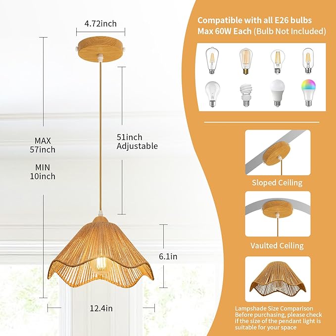 2 Pack 12.4" Wave Rattan Chandelier Pendant Lights Kitchen Island,Farmhouse Boho Chandeliers Adjustable Height Hanging lamp for Dining Room,Kitchen Ceiling Light Fixtures Woven Wicker Lampshade