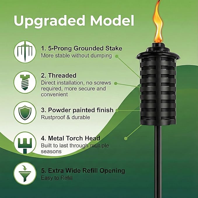 6-Pack Home Garden Torch, 16 Oz Outdoor Black Metal Torch Garden Décor,60-Inch Upgraded Citronella Torches with 5-Prong Grounded Stake, Metal Light Torches for Party Patio Pathway