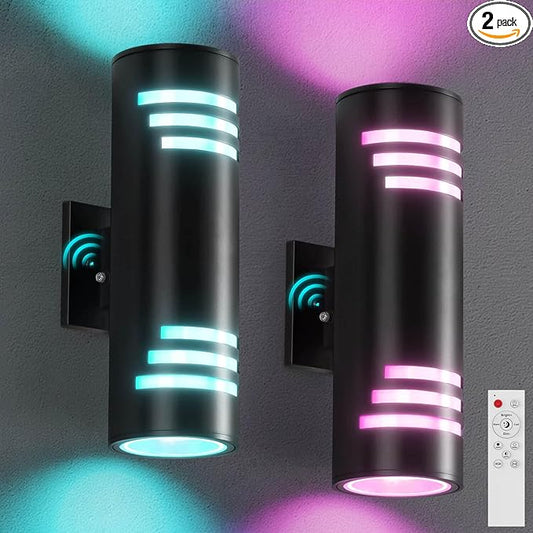 Smart Outdoor Wall Lights 2 Pack, Modern Up and Down Light Dusk to Dawn Outdoor Lighting Black Exterior Lighting Fixtures, Color Changing Porch Lights for Outside Decor, DIY Effects