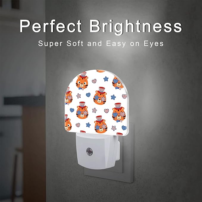American Flag and Cute Tigers Night Light Plug into Wall, Cartoon Animals Patriotic Dusk to Dawn Night Light,0.5w Energy Saving Sleep Friendly Nightlights for Kids Boys Girls Home