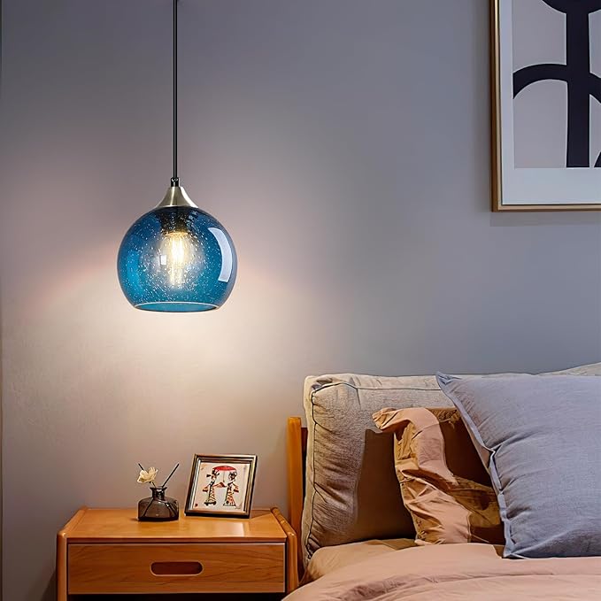 Blue Glass Pendant Lights Kitchen Island Lighting Globe Pendant Light Fixtures Modern Pendant Lighting for Kitchen Island Bedroom Living Dining Room Light Fixture(5.9in, 1-Pack)