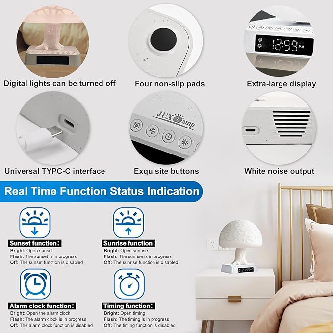Sunrise Alarm Clock Wake up Light Alarm Clock lamp Clock 3 Color Adjustable Mood Light Built-in White Noise nightstand Lamp for Livingroom Bedroom Office Reading Working MushRoom lamp APP Control