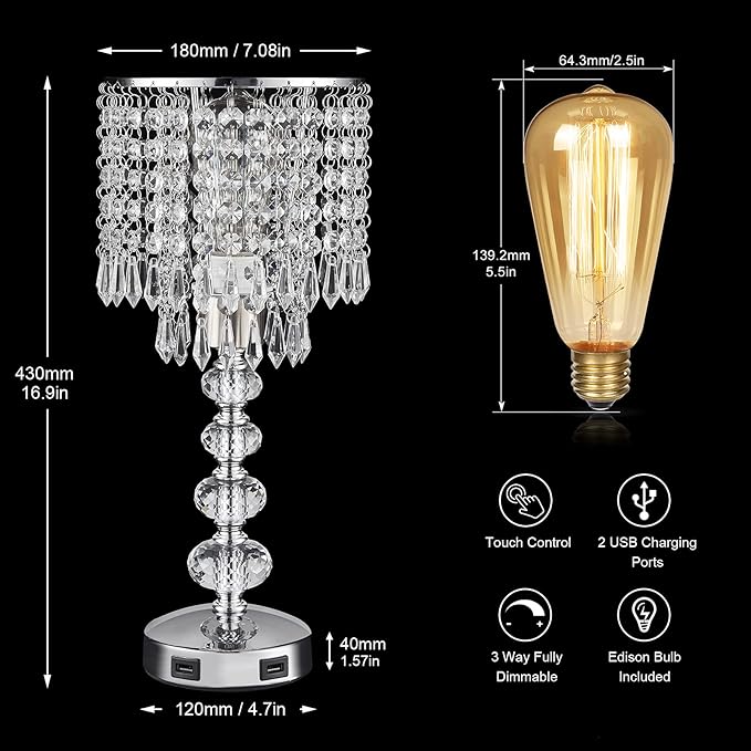 Acaxin Crystal Table Lamps for Bedroom Nightstand - Touch Bedside Lamps with Two USB Charging Ports Silver, 3 Way Dimmable Small Glam Lamp for Girls, Night Stand Lamp for Living Room