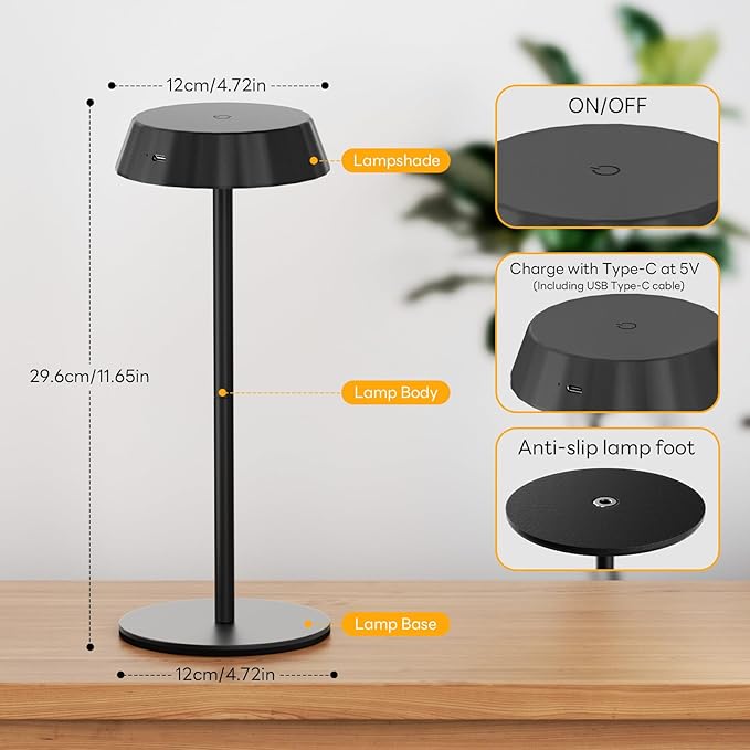 EppieBasic Cordless Table Lamp Rechargeable: Portable & Minimalist Design - 2700K Warm Light Metal Lamps for Living Room, Dining, Corner Table - Black