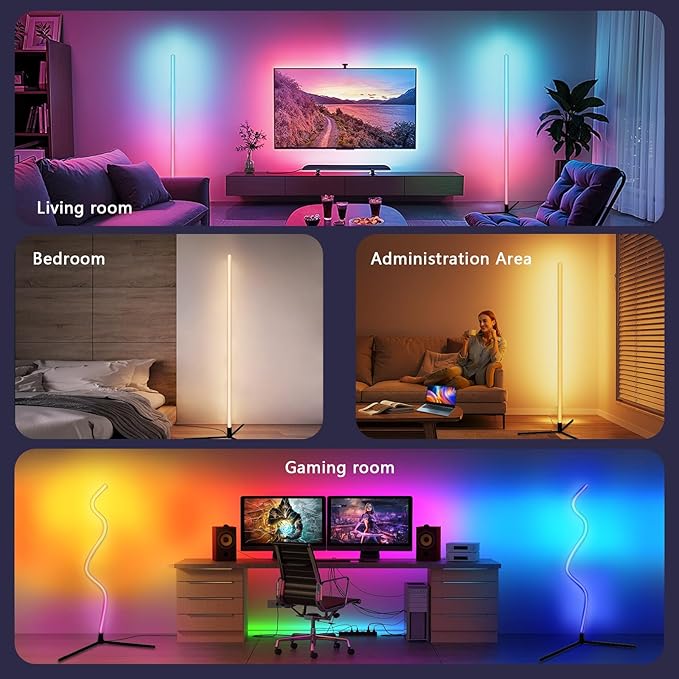 Swingers Smart RGB LED Corner Floor Lamp，Adjustable Shape Led Floor Lamp with Music Sync and 16 Million DIY Colors,Remote & App Led Lights for Bedroom Living Room (Triangular Base)