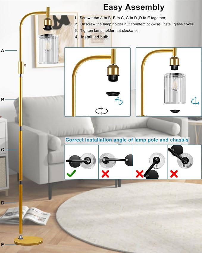 Lightdot 63IN Glass Floor Lamp for Living Room, Dimmable Gold Floor Lamps with Clear Glass Shade, Mid Century Modern Standing Lamps with Bulb Included for Bedroom/Sofa Beside/Corner Decor-Gold