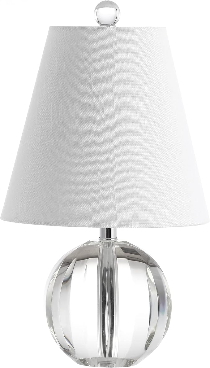 JONATHAN Y 16" Clear Crystal Ball LED Table Lamp, White Modern Bedside Lamp, with White Linen Empire Shade, Glam Orb Glass Nightstand Lamp for Living Room, LED Bulb JYL2079A