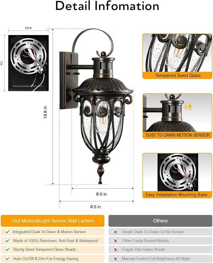 VIANIS Motion Sensor Outdoor Lights, Motion Lights for Outside Dusk to Dawn, Waterproof Porch Lights Outdoor, Oil Rubbed Bronze Exterior Lighting Fixtures for House, Porch, Garage, Doorway