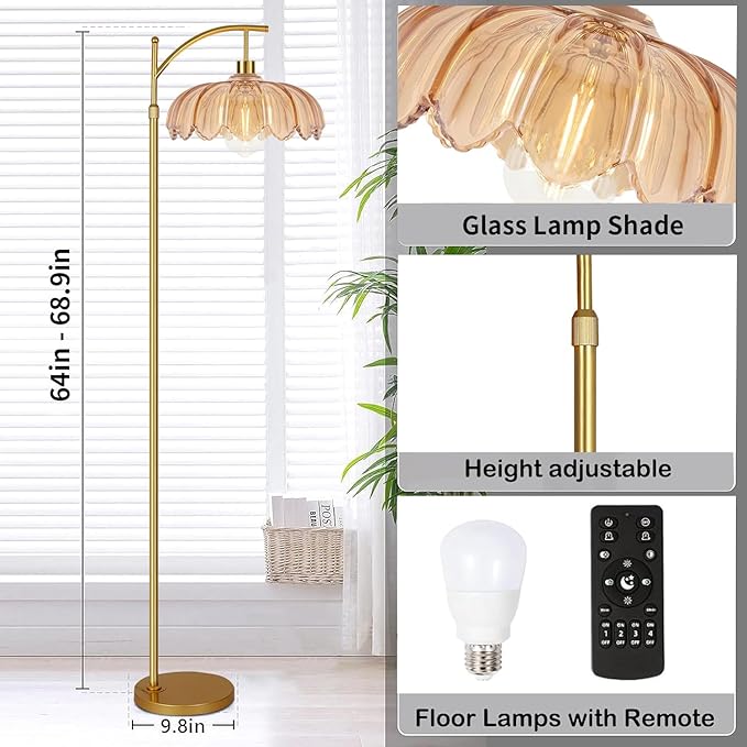 Floor Lamp for Living Room,Bedroom,Gold Dimmable Standing Lamp with Remote,Mid Century Modern Brass Tall Lamp Retro Vintage Green Glass Lamp Floor Light Boho Bohemian