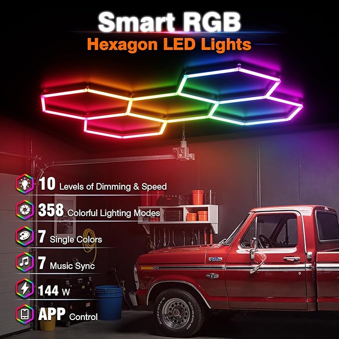 RGB Hexagon Garage Lights, Music Sync LED Hexagon Lights for Gaming Room, Smart App & Remote Control, DIY Honeycomb Ceiling Light for Studio Gym Basement Decor