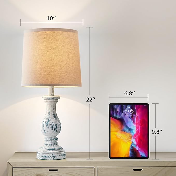 Seealle Farmhouse Table Lamps Set of 2 - Rustic Lamp for Bedroom Living Room, 22" Boho Bedside Lamps for Night Stands End Table Office Desk Lamp Nightstand Clearance with Linen Shades(Washed Blue)