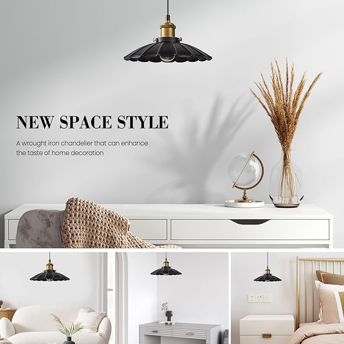 Black Pendant Light, 9.8 Inch Retro Hanging Lamp for Bedroom, Glossy Hanging Kitchen Lights Living Room Height Adjustable Pleated Pendant Light