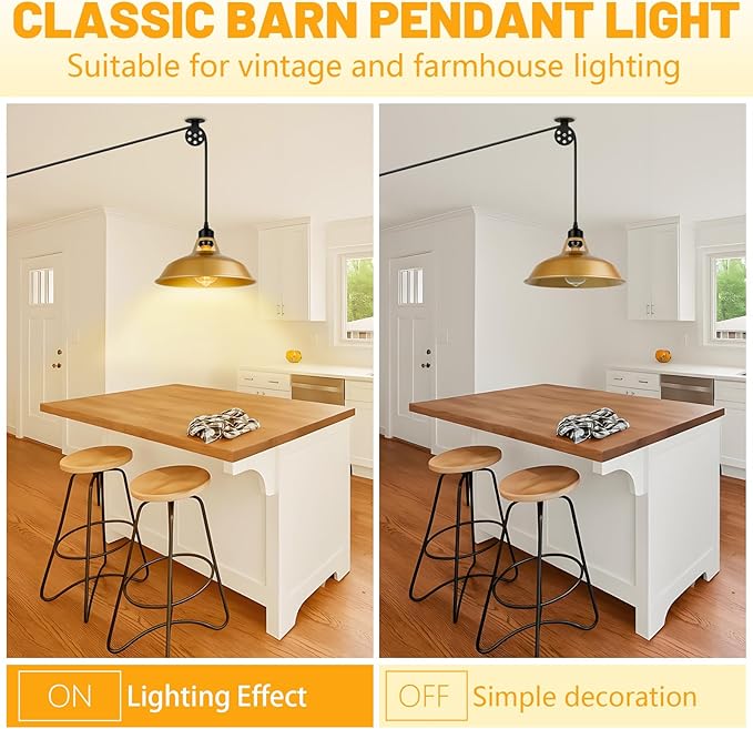 Plug in Pendant Light, Vintage Hanging Lamps with Gold Barn Shade Pendant Lighting with 14.76ft Cord On/Off Switch, Adjustable Pulley Hanging Lights for Kitchen, Bedroom, Living Room (1 Pack)