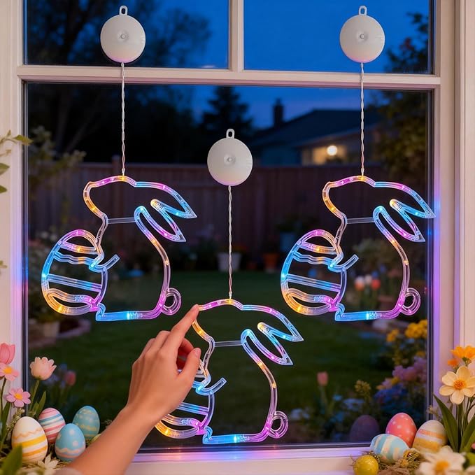 Easter Window Lights Decorations, 3 Pack Easter Hanging Window Decor Colorful Bunny Shaped Lights with Suction Cup, Indoor Battery Operated Bunny LED Holiday Lamp for Home Door Window (Multicolor)