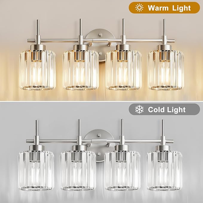 Crystal Bathroom Vanity Lights, 4 Light Bath Mirror Light Brushed Nickel Round Crystal Wall Mount Light Fixture Over Mirror Morden for Living Room
