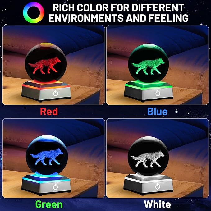 3D Crystal Ball Night Light with LED Colorful Touch Base - 3.15 Inch Wolf Figurine Glass Sphere Lamp for Birthday, Christmas, Home Decor Gift