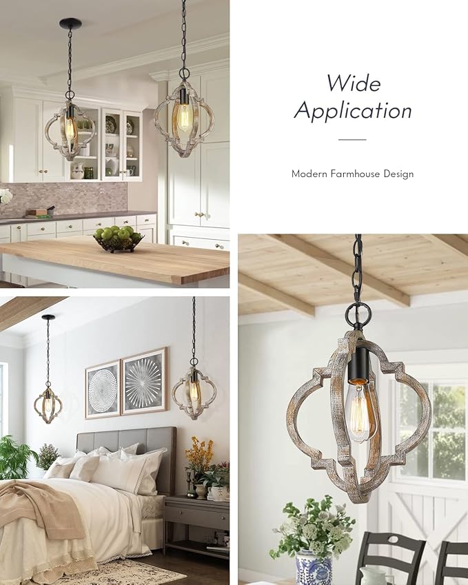 CALDION Farmhouse Pendant Lights, 2Pack Wood Dining Room Lighting Fixtures, Adjustable Height Hanging Pendant Lights for Foyer, Kitchen Island, Entryway