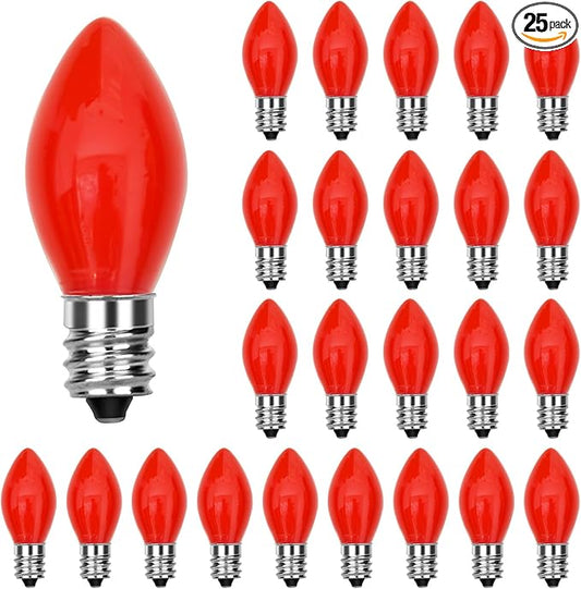 25 Pack Red Bulbs,C7 Red Replacement Spare Incandescent Christmas Light Bulbs,5w Vintage Glass Ceramic Light Bulbs C7/E12 Base for Indoor Outdoor Christmas Valentine String Lights